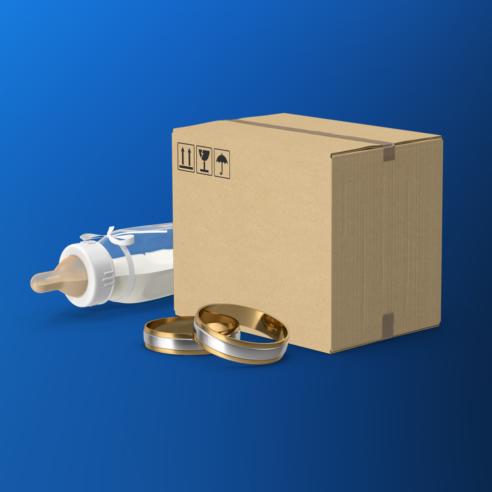 Grafik Paket mit Eheringen und Babyflasche